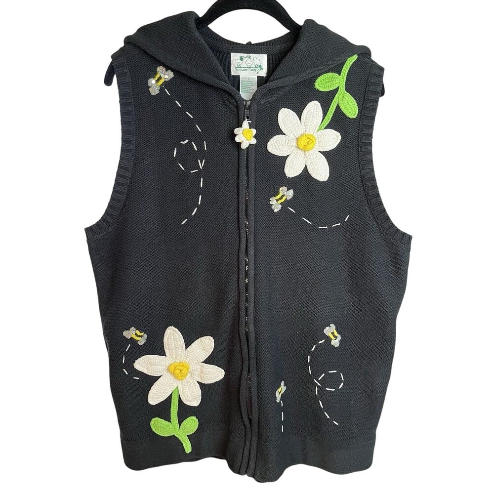 Quacker Factory Womens Hooded Vest Lrg Black Daisy Bees Embroidery Floral Granny